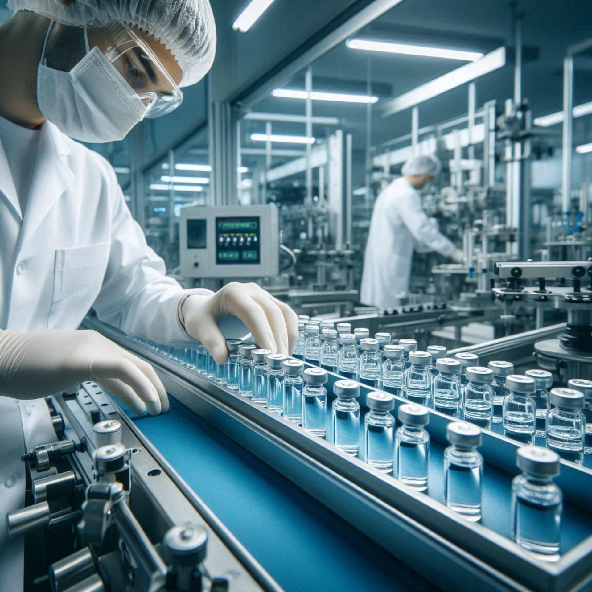 Hexxium Research clean-room production line — sterile vial filling under aseptic conditions